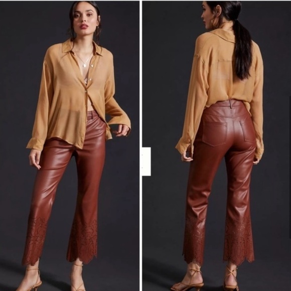 Anthropologie Pants - NWOT Anthropologie Laser-Cut Faux Leather Trousers Brown Size 14 Fall Autumn